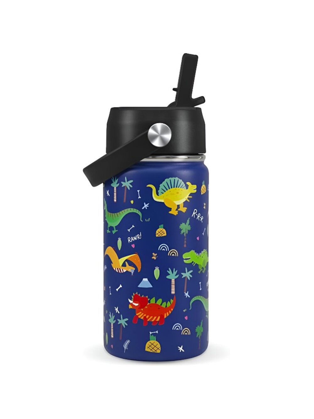 Dinosaur Kids Water Bottle With Straw Lid,14 oz Stainless Steel Travel
